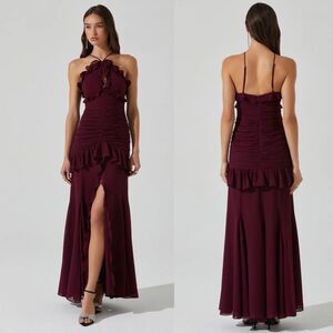 NWT ASTR the label Sandora Ruffle Detail Maxi Dress Wine Red M Prom Gown Formal
